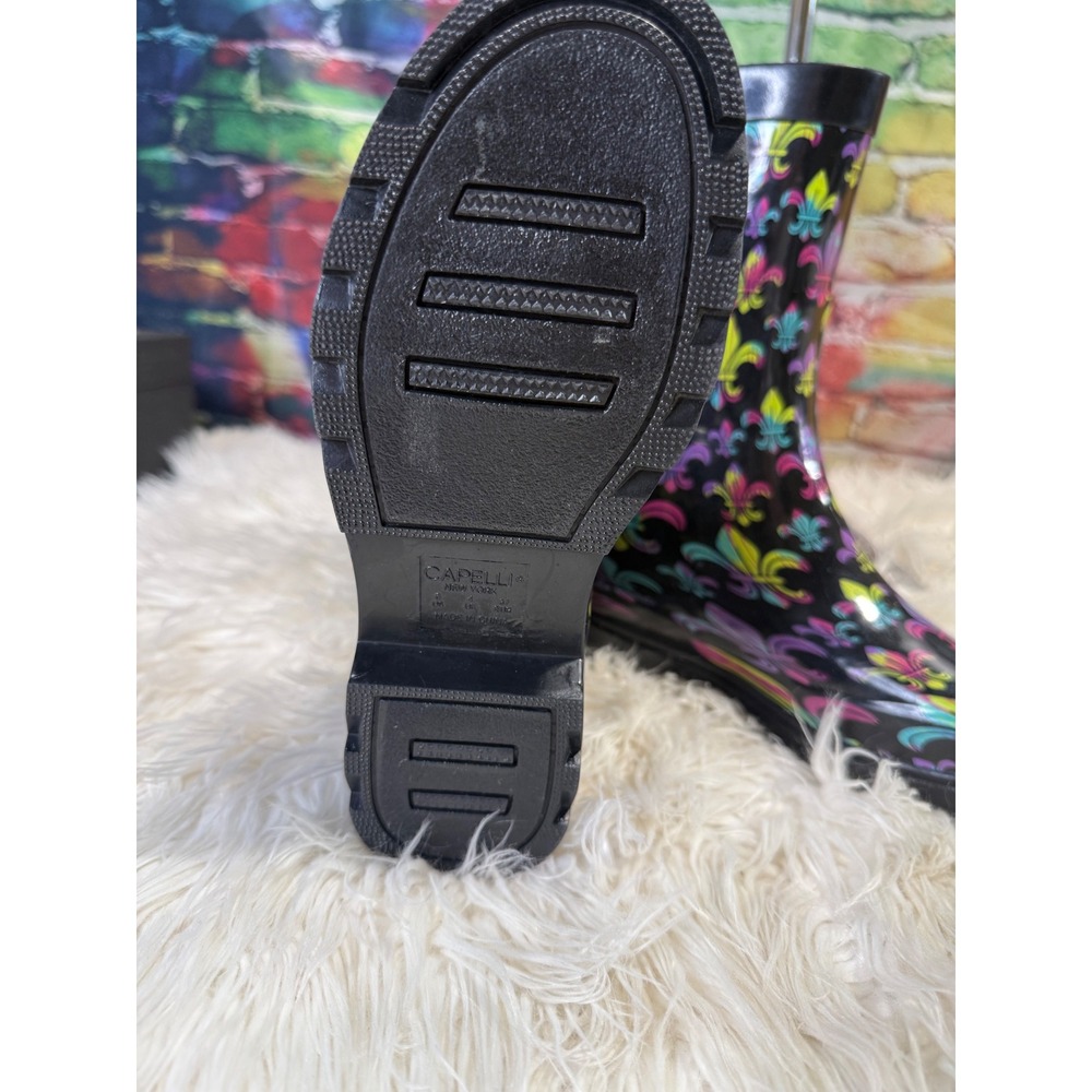 Capelli New York Fleur De Lis Rain Boots Neon Black Rubber Mid Calf Womens 6 - Picture 4 of 4